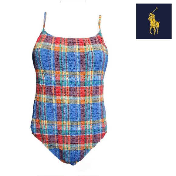 Polo Ralph Lauren Kennedy Smocked One Piece Swimsuit NWT Plaid Large - Picture 1 of 12